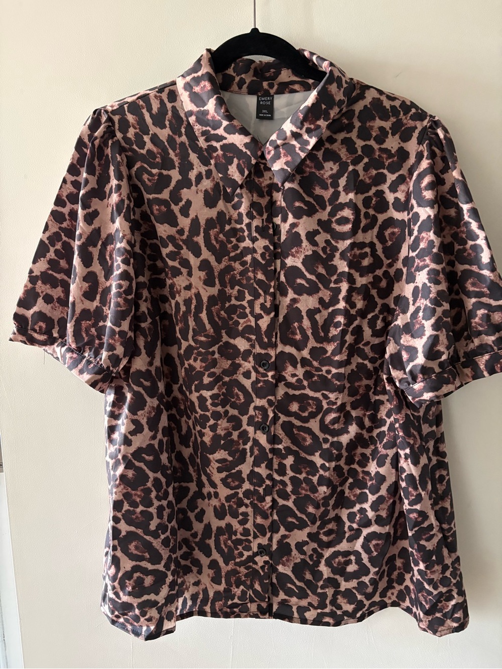 Plus Size Leopard Print Button Up Short Sleeve Blouse 3XL